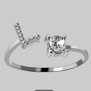 Letter L Adjustable One Size Silver Ring w. Rhinestones